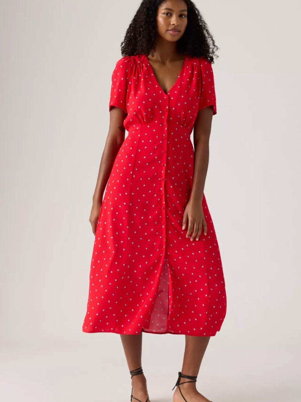 Levi's Red Mini Print Sarina Short-Sleeve Midi Dress in Women's Small